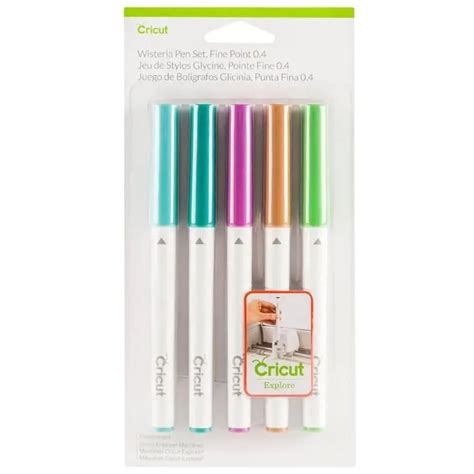 Cricut Explore or Maker Fine Point Pen Set 5-Pack (Wisteria);  5 pens in Magenta (0.4 tip), Tawny (0.4 tip), Light Green (0.4 tip), Turquoise (0.4 tip), and Light Turquoise (0.4 tip); Write and draw with Cricut Explore machines (Cricut Explore One requires an Accessory Adapter, sold separately); Water-based, acid-free, nontoxic, permanent after dry; conforms to ASTM D-4236